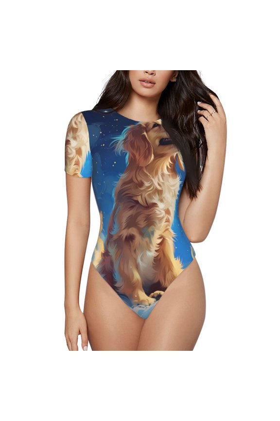 Starry Sky Cloud Dog Prinr Short Sleeve Body suit for Womens, Sexy Onesie One Piece Round Neck Bodysuit Shapewear Tummy Control-Large