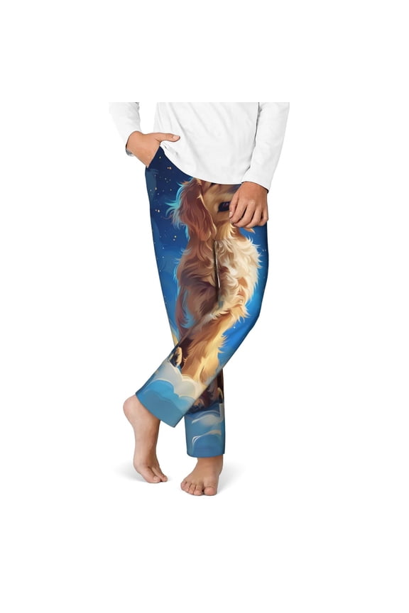 Starry Sky Cloud Dog Print Kids Pajama Pants,Long Sleep Plaid Pants Soft Lounge Pj Bottoms Sleep Pants with Pockets-Medium