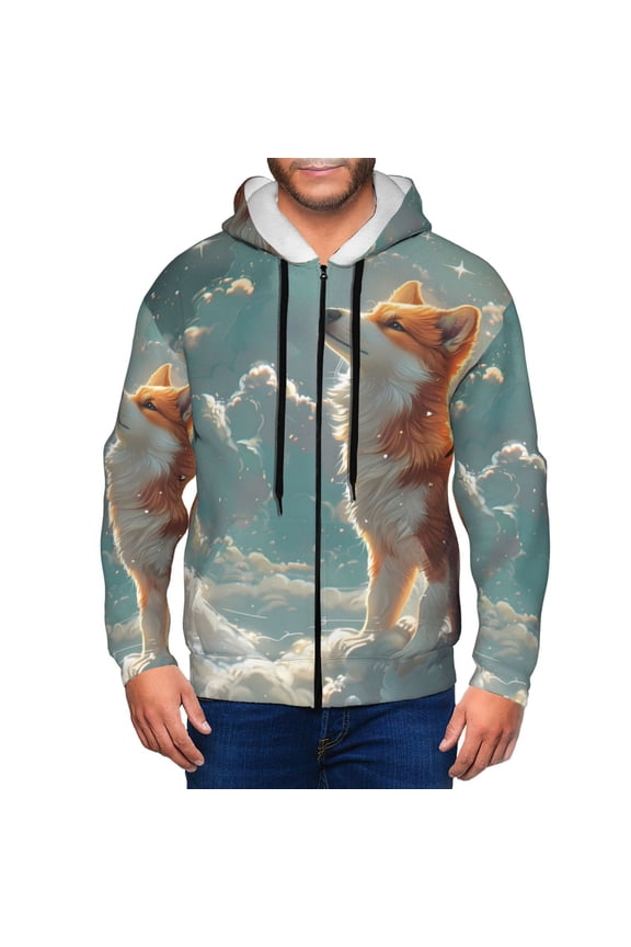 Starry Sky Cloud Fox Mens Hoodies Zip Hoodie, Hoodies for Men, Zip-up Hooded Sweatshirt-Medium