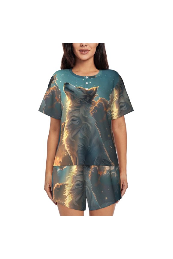 Starry Sky Cloud Wolf Pattern Womens Pajamas 2 Piece Short Sleeve Sleepwear Set,Summer Soft Pajamas Set Casual Lounge Sets, 2-Piece Pj -4X-Large