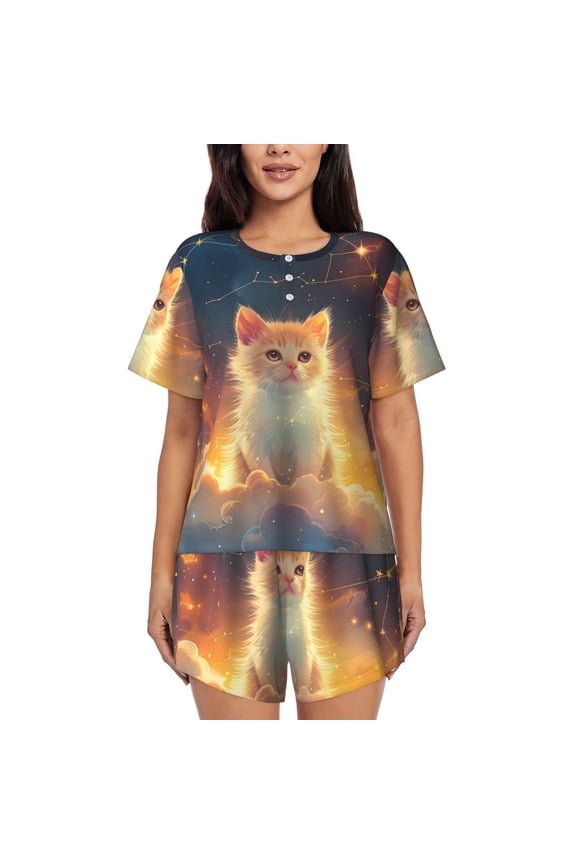 Starry Sky Constellation Cat Pattern Womens Pajamas 2 Piece Short Sleeve Sleepwear Set,Summer Soft Pajamas Set Casual Lounge Sets, 2-Piece Pj -X-Large