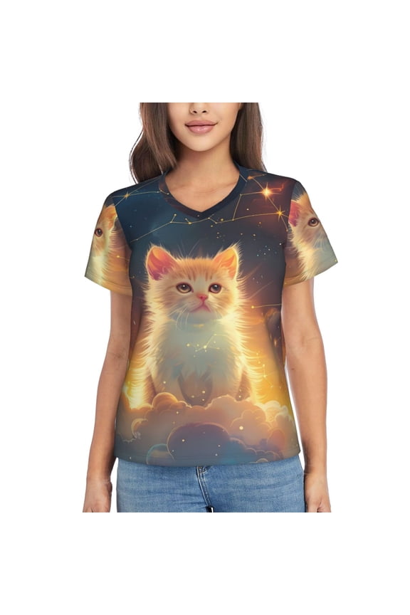 Starry Sky Constellation Cat Women Shirts V Neck Short Sleeve Tops T-Shirt Basic Tees, S to 3XL3X-Large