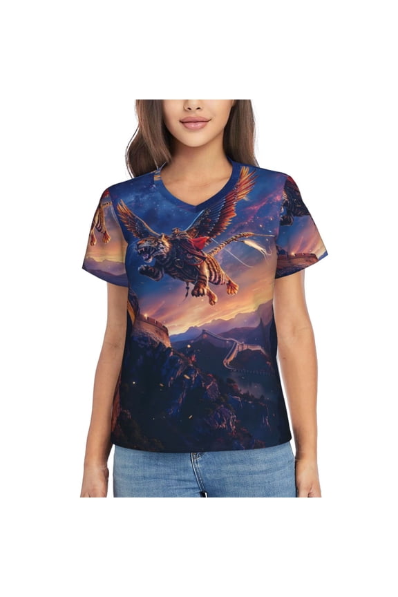 Starry Sky Flying Tiger Women Shirts V Neck Short Sleeve Tops T-Shirt Basic Tees, S to 3XLMedium