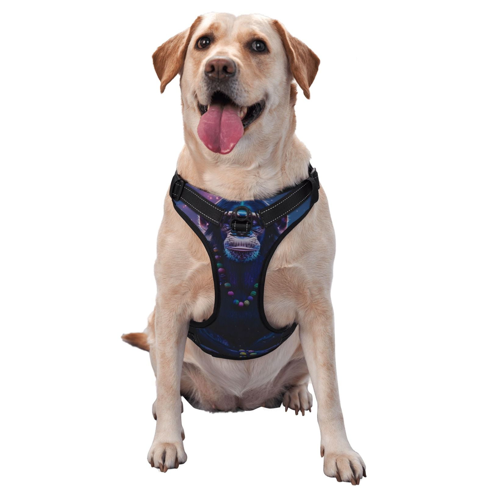 Vsdgher Starry Sky Meditating Chimpanzees Pattern Dog Harness,No Pull Pet Harness with Soft Padded Handle,Adjustable Reflective Vest with 2 Buckles,4 Slide Buckles,S-XL