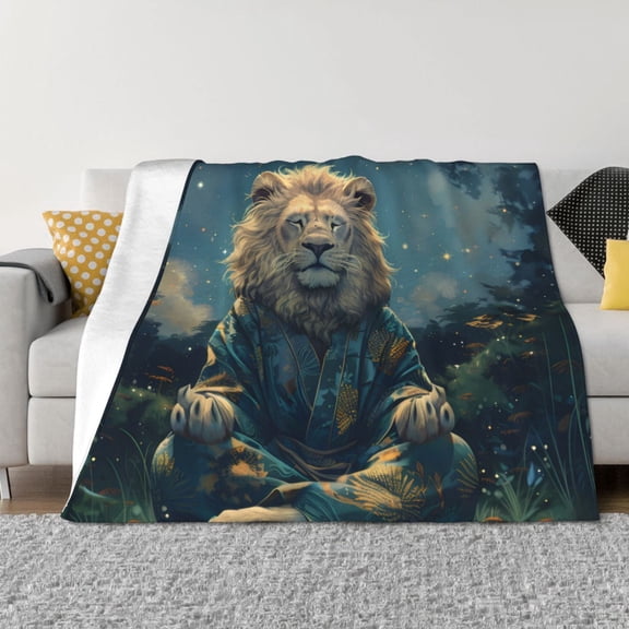 Vsdgher Starry Sky Meditating Lion Pattern Fleece Throw Blanket, Horizontal Fleece Bedding Home Decor for Couch & Bed All Season Use -80"x60"