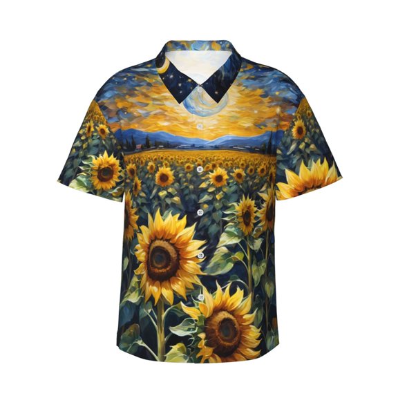 Vsdgher Starry Sky Moon Sunflower Print Men's Hawaiian Shirts Button Down Tropical Holiday Beach Shirts Vacation Clothes,X-Large