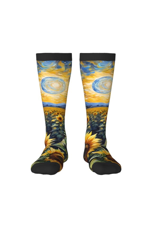 Starry Sky Moon Sunflower Print Thigh High Socks Extra Long Stretchy Sock Women Over Knee High Opaque Stocking Daily Wear