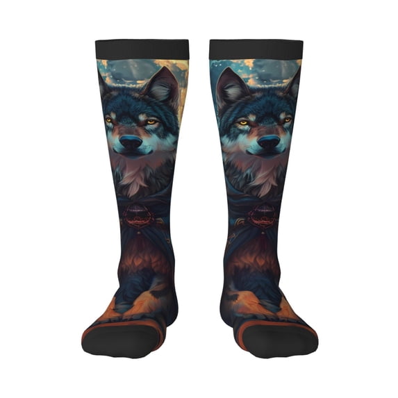 Vsdgher Starry Sky Moon Wolf Leader Print Thigh High Socks Extra Long Stretchy Sock Women Over Knee High Opaque Stocking Daily Wear
