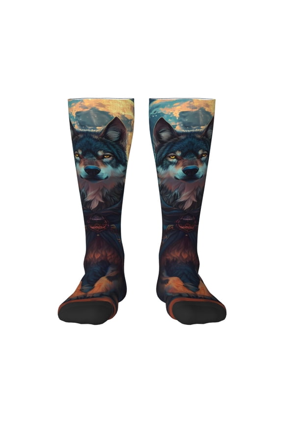 Starry Sky Moon Wolf Leader Print Thigh High Socks Extra Long Stretchy Sock Women Over Knee High Opaque Stocking Daily Wear