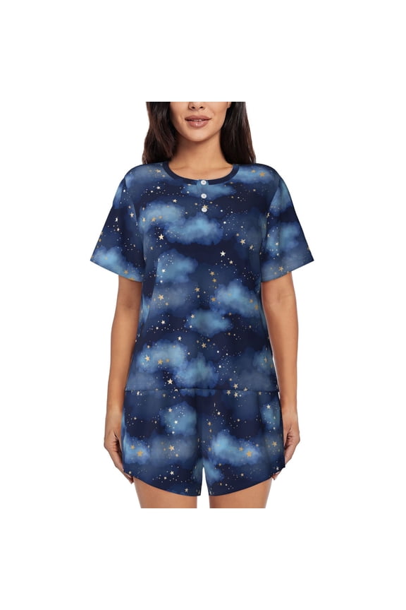 Starry Sky Pattern Womens Pajamas 2 Piece Short Sleeve Sleepwear Set,Summer Soft Pajamas Set Casual Lounge Sets, 2-Piece Pj -Medium