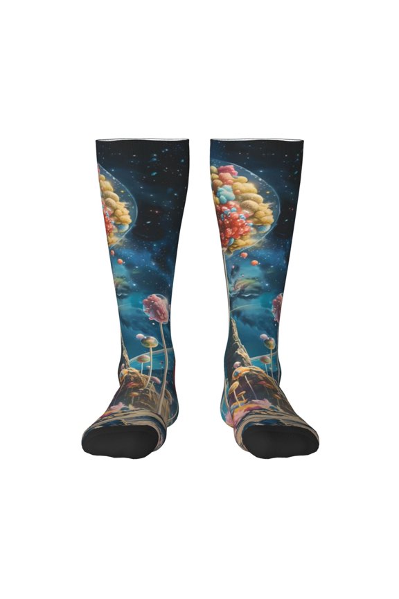 Starry Sky Planet Lollipop Print Thigh High Socks Extra Long Stretchy Sock Women Over Knee High Opaque Stocking Daily Wear