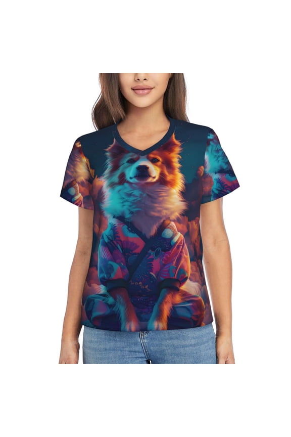 Starry Sky White Cloud Puppy Women Shirts V Neck Short Sleeve Tops T-Shirt Basic Tees, S to 3XLSmall