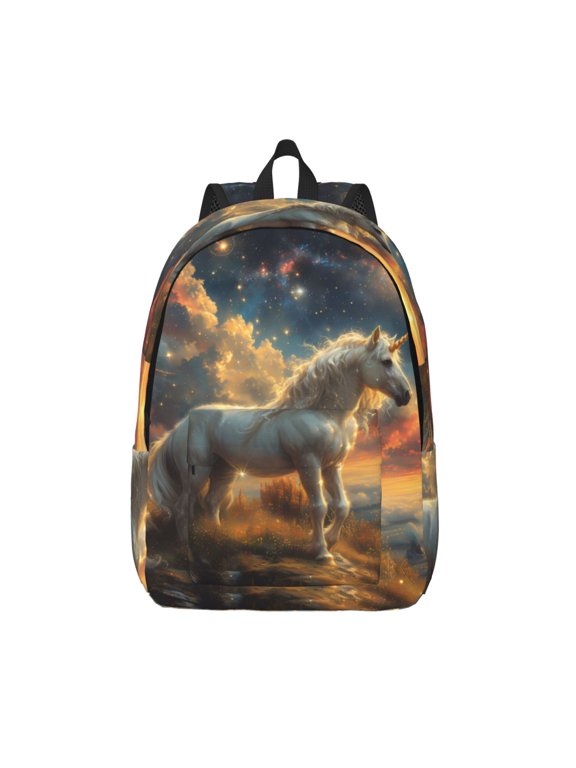 Starry Sky White Horse Print Canvas Backpack Travel Rucksack Unisex Knapsack 15.7/17.7Inch Laptop Backpack for Work,College -Small