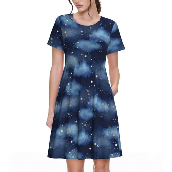 Vsdgher Starry Sky for Womens Summer 2025 Casual Midi Maxi Dresses Lightweight Short Sleeve Round Neck Beach Dress -Medium