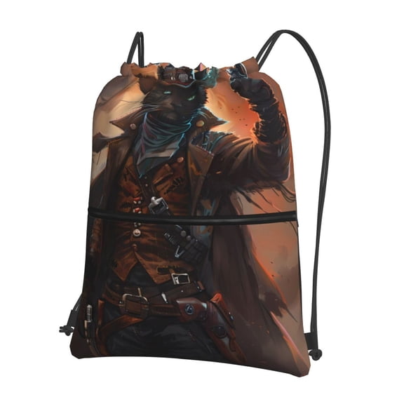 Vsdgher Steampunk Cowboy Cat Drawstring Backpack Water Resistant String Bag Sports Sackpack Gym Sack for Men Women