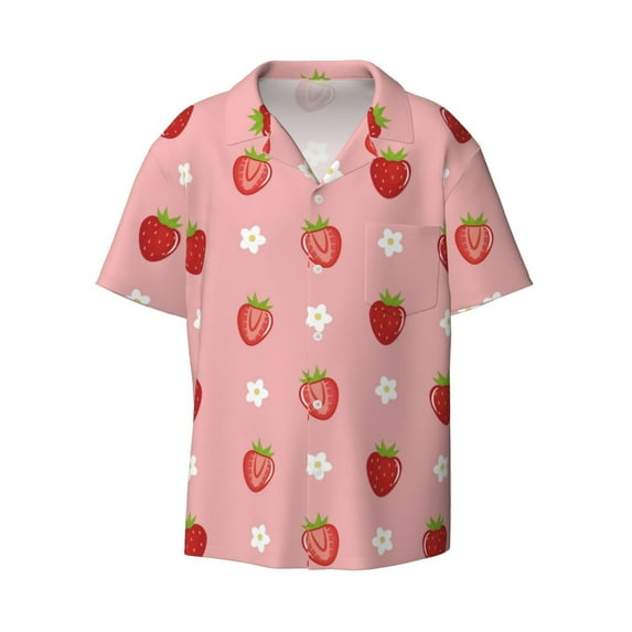Vsdgher Strawberries Print Men's Wrinkle Free Untucked Cuban Shirt Business Casual Button Down Shirts Short Sleeve Shirt