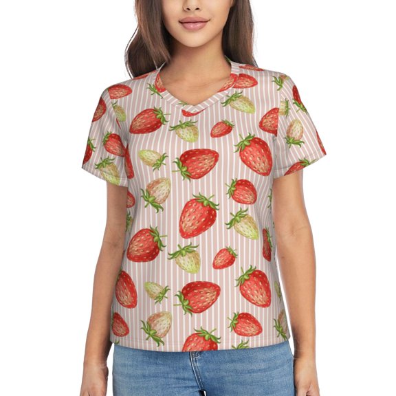 Vsdgher Strawberries Women Shirts V Neck Short Sleeve Tops T-Shirt Basic Tees, S to 3XL3X-Large