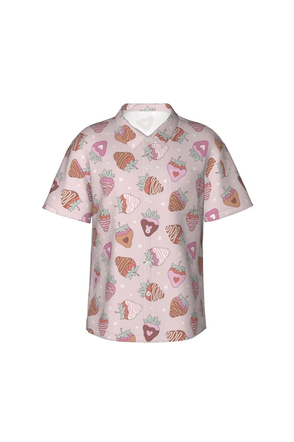 Strawberry Cake Print Men's Hawaiian Shirts Button Down Tropical Holiday Beach Shirts Vacation Clothes,Medium