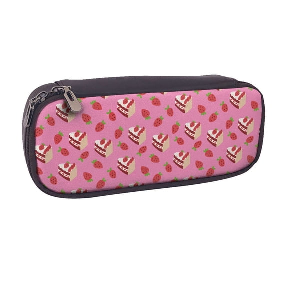Vsdgher Strawberry Cake Print Pen Case Leather Pencil Pouch Markers Holder Big Capacity Bag with Zippered Pocket for Stationery Tool