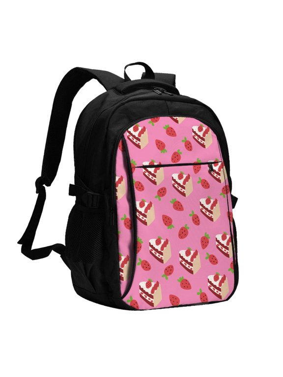 Strawberry Cake Print Travel Laptop Backpack, Laptops Backpack with USB Charging Port, Water Resistant Computer Bag Gift for Men & Women