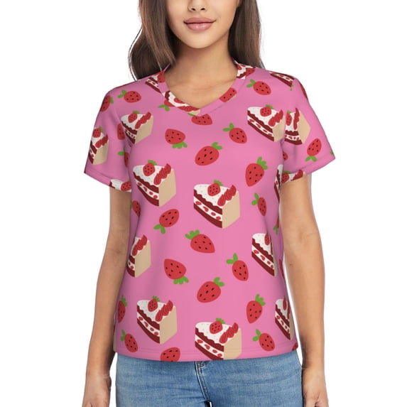 Vsdgher Strawberry Cake Women Shirts V Neck Short Sleeve Tops T-Shirt Basic Tees, S to 3XLSmall