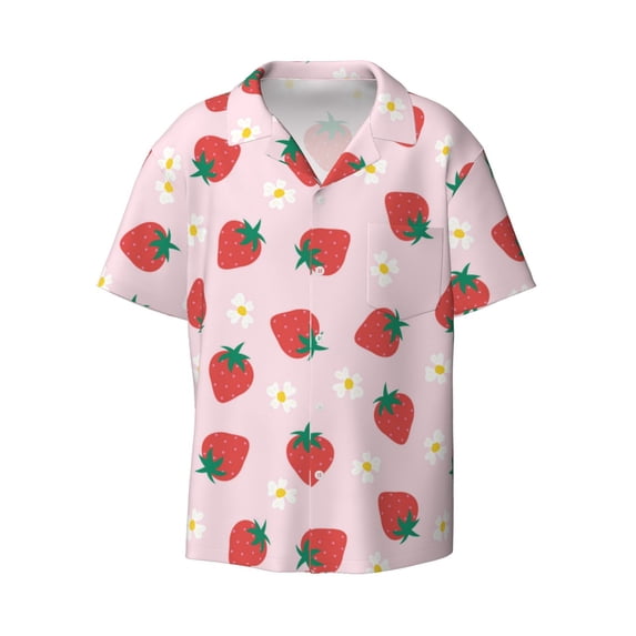 Vsdgher Strawberry Floral Print Men's Wrinkle Free Untucked Cuban Shirt Business Casual Button Down Shirts Short Sleeve Shirt