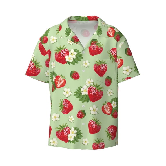 Vsdgher Strawberry Floral Print Men's Wrinkle Free Untucked Cuban Shirt Business Casual Button Down Shirts Short Sleeve Shirt
