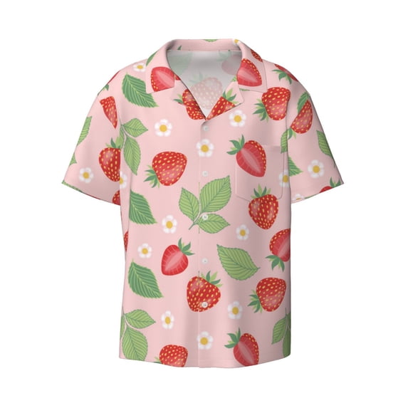 Vsdgher Strawberry Floral Print Men's Wrinkle Free Untucked Cuban Shirt Business Casual Button Down Shirts Short Sleeve Shirt
