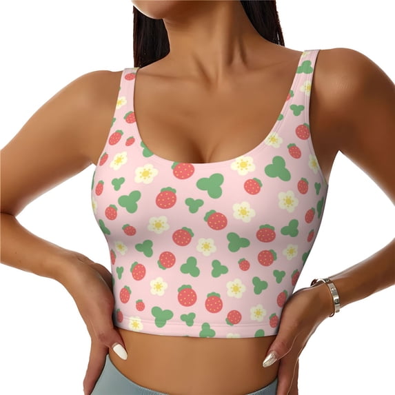 Vsdgher Strawberry And Flowers Print Women Sleeveless Athletic Tank Top Built-in Bra Camisole Sports Vest for Yoga Running Fitness Exercise with Removable Pads