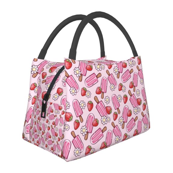 Vsdgher Strawberry Popsicle Print Insulated Reusable Bags with Sturdy Zipper and Handles, Foldable Totes for Hot or Cold Food Bring or Delivery