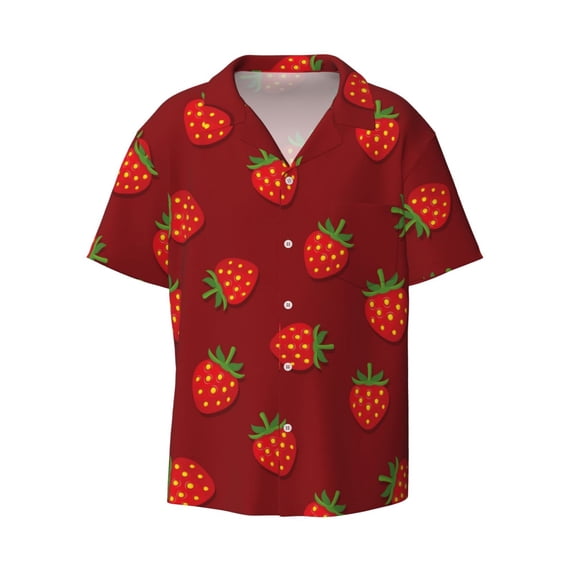 Vsdgher Strawberry Print Men's Wrinkle Free Untucked Cuban Shirt Business Casual Button Down Shirts Short Sleeve Shirt
