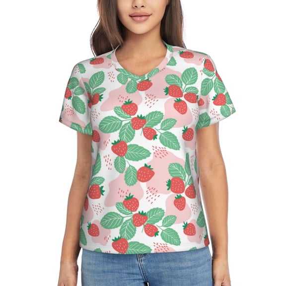 Vsdgher Strawberry Women Shirts V Neck Short Sleeve Tops T-Shirt Basic Tees, S to 3XLMedium