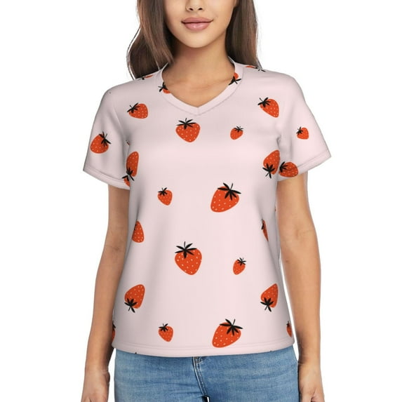 Vsdgher Strawberry Women Shirts V Neck Short Sleeve Tops T-Shirt Basic Tees, S to 3XLSmall