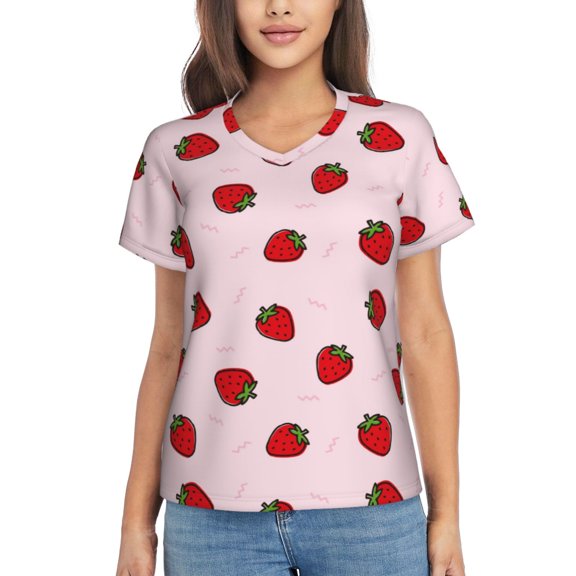 Vsdgher Strawberry Women Shirts V Neck Short Sleeve Tops T-Shirt Basic Tees, S to 3XLSmall