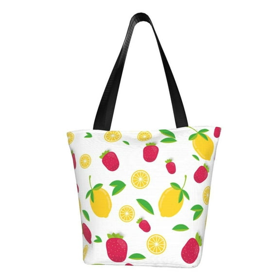 Vsdgher Strawberry and Lemon print Reusable Shopping Grocery Bags for Women Shopping with Pouch Foldable Pouch Lightweight Polyester Fabric