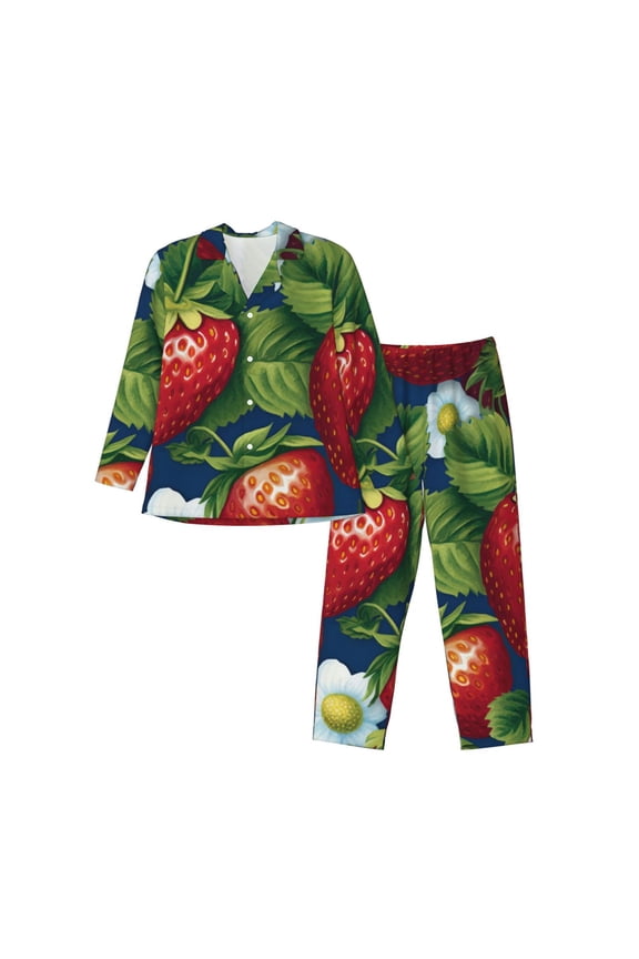 Strawberry2 Mens Pajama Set, Soft Warm Long Sleeve Sleepwear, Cozy Button-Down Pjs for Men-XX-Large