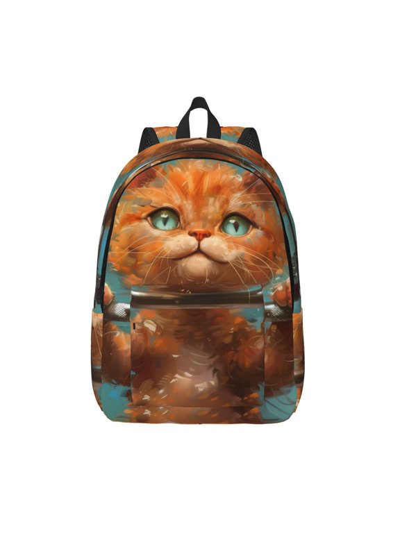 Strong Kitten Lifting Weights Print Canvas Backpack Travel Rucksack Unisex Knapsack 15.7/17.7Inch Laptop Backpack for Work,College -Medium