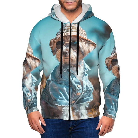 Vsdgher Stylish Dog in Denim Outfit Mens Hoodies Zip Hoodie, Hoodies for Men, Zip-up Hooded Sweatshirt-3X-Large