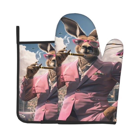 Vsdgher Stylish Kangaroo In Suit Oven Mitts and Pot Holders 2 pcs Set,High Heat Resistant Kitchen Oven Glove for Baking and Cooking