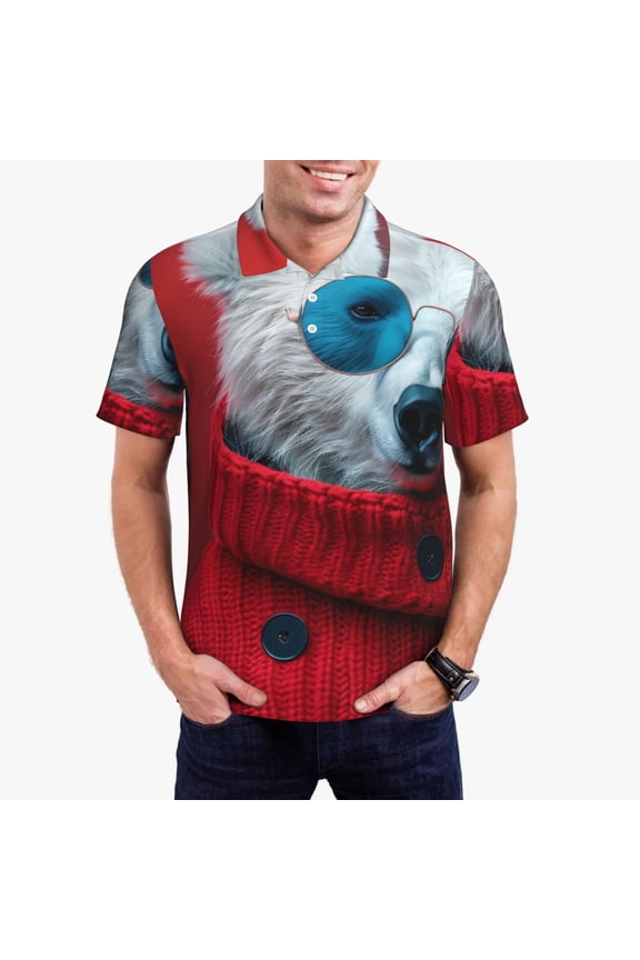 Stylish Polar Bear Sunglasses Polo Shirts for Men, Men's Short Sleeve Stretch Polo Shirt, Shirts for Men-Small