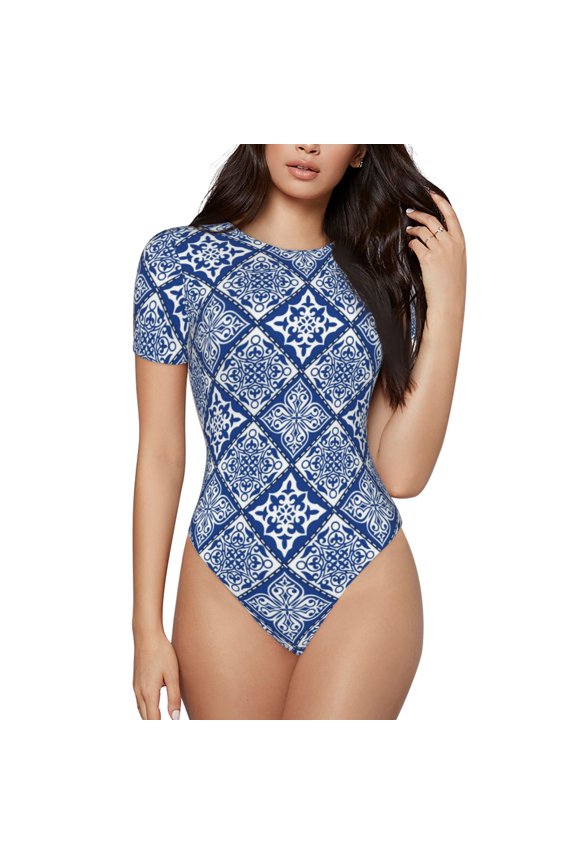 Stylized Flowers Vintage Boho Prinr Short Sleeve Body suit for Womens, Sexy Onesie One Piece Round Neck Bodysuit Shapewear Tummy Control-Medium
