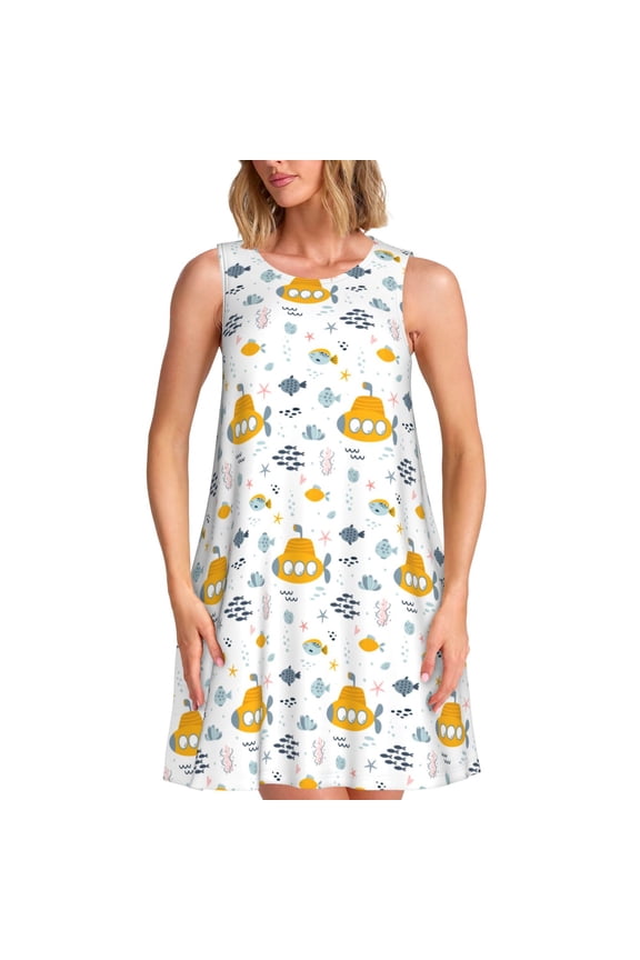 Submarine Ship Print Summer Dresses for Women Casual U Neck Beach Dress Sleeveless Tank Loose Sundress with Pocket -XX-Large