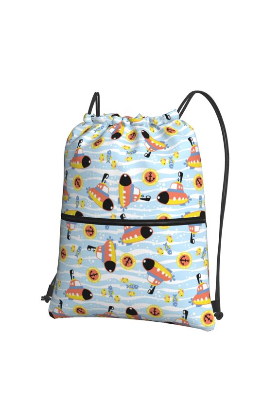 Submarine With Fishes Undersea Drawstring Backpack Water Resistant String Bag Sports Sackpack Gym Sack for Men Women