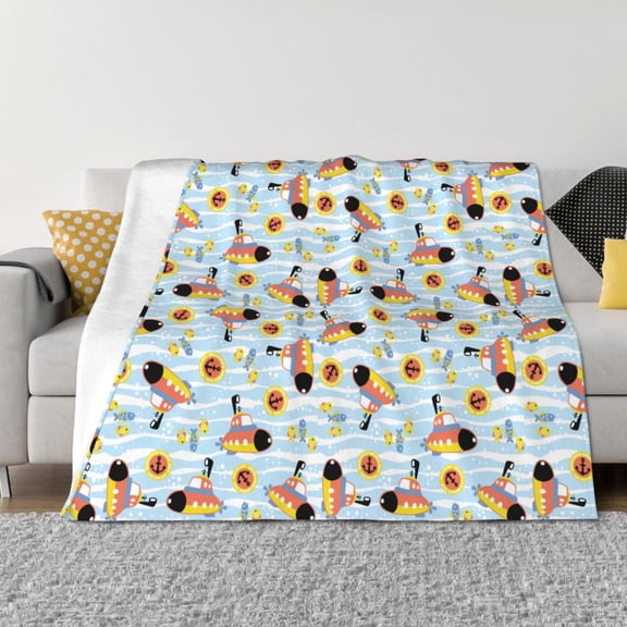 Vsdgher Submarine With Fishes Undersea Pattern Fleece Throw Blanket, Horizontal Fleece Bedding Home Decor for Couch & Bed All Season Use -50"x40"