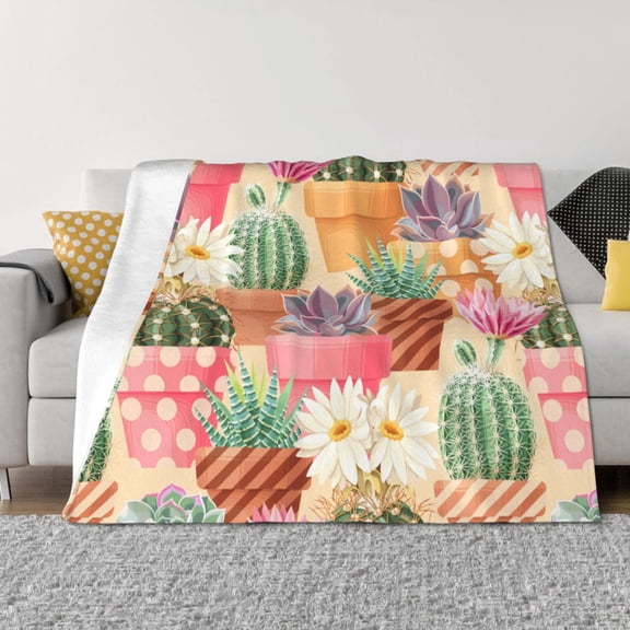 Vsdgher Succulent And Cactus Pattern Fleece Throw Blanket, Horizontal Fleece Bedding Home Decor for Couch & Bed All Season Use -60"x50"