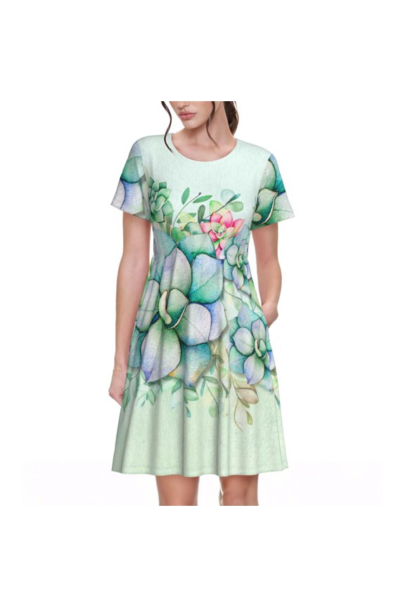 Succulent for Womens Summer 2025 Casual Midi Maxi Dresses Lightweight Short Sleeve Round Neck Beach Dress -Small