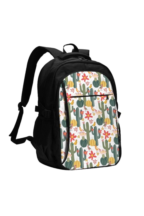 Summer Cactus With Blooming Print Travel Laptop Backpack, Laptops Backpack with USB Charging Port, Water Resistant Computer Bag Gift for Men & Women