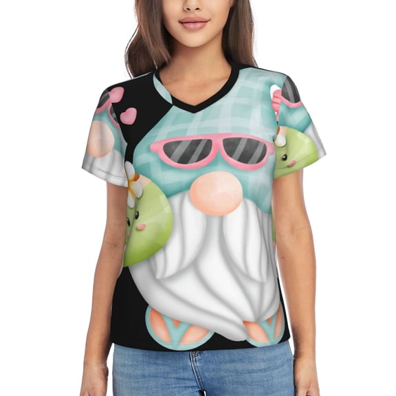 Vsdgher Summer Gnome,Cute Gnome Women Shirts V Neck Short Sleeve Tops T-Shirt Basic Tees, S to 3XLLarge
