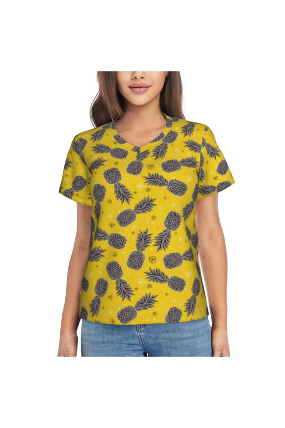 Summer Pineapple Women Shirts V Neck Short Sleeve Tops T-Shirt Basic Tees, S to 3XLX-Large
