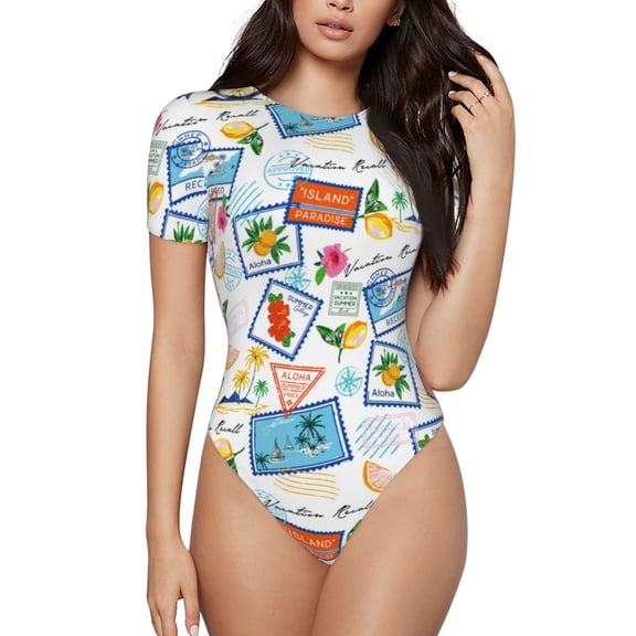 Vsdgher Summer Stamp Prinr Short Sleeve Body suit for Womens, Sexy Onesie One Piece Round Neck Bodysuit Shapewear Tummy Control-X-Large
